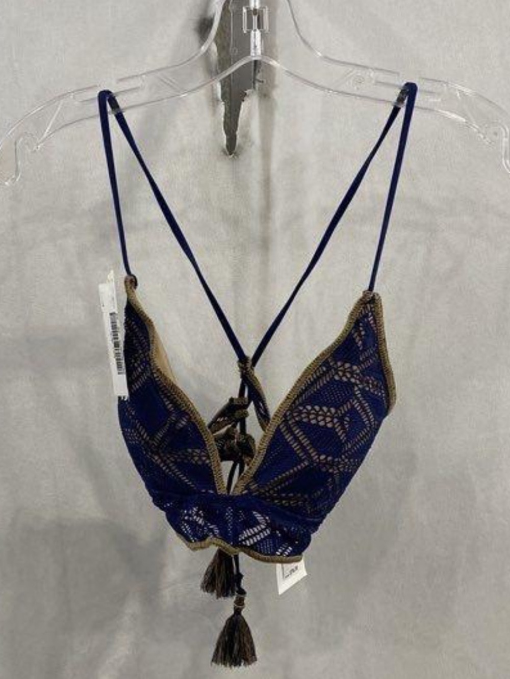 BECCA Navy Blue Crochet Lace Bikini Top with Brown Trim
